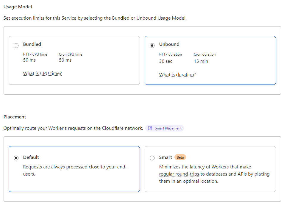 Example of Cloudflare Web UI Usage Model and Placement Mode selection