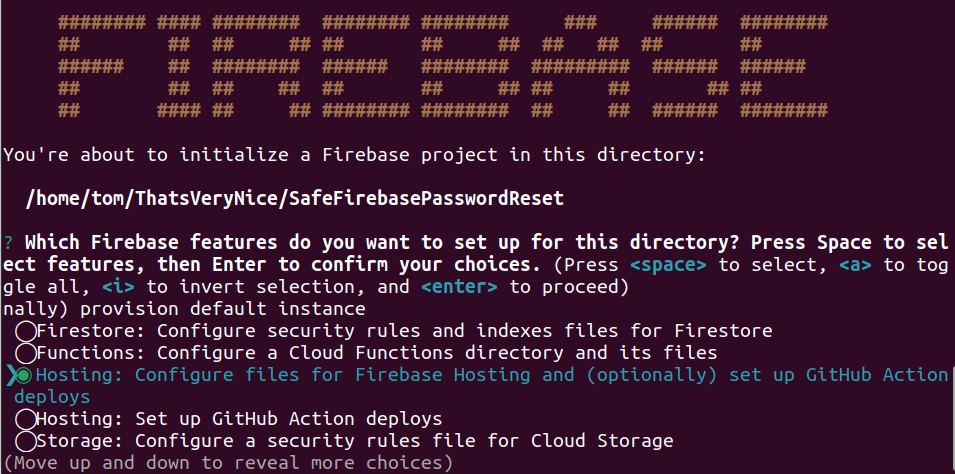 Console screenshot showing ‘firebase init’ output with user having selected Hosting to set up