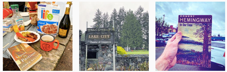 James Salter book with food on picnic table, “welcome to Lake City” sign, hand holding Hemingway book