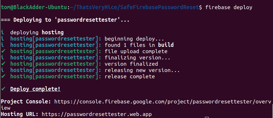 Console screenshot showing the completion of the ‘firebase deploy’ command