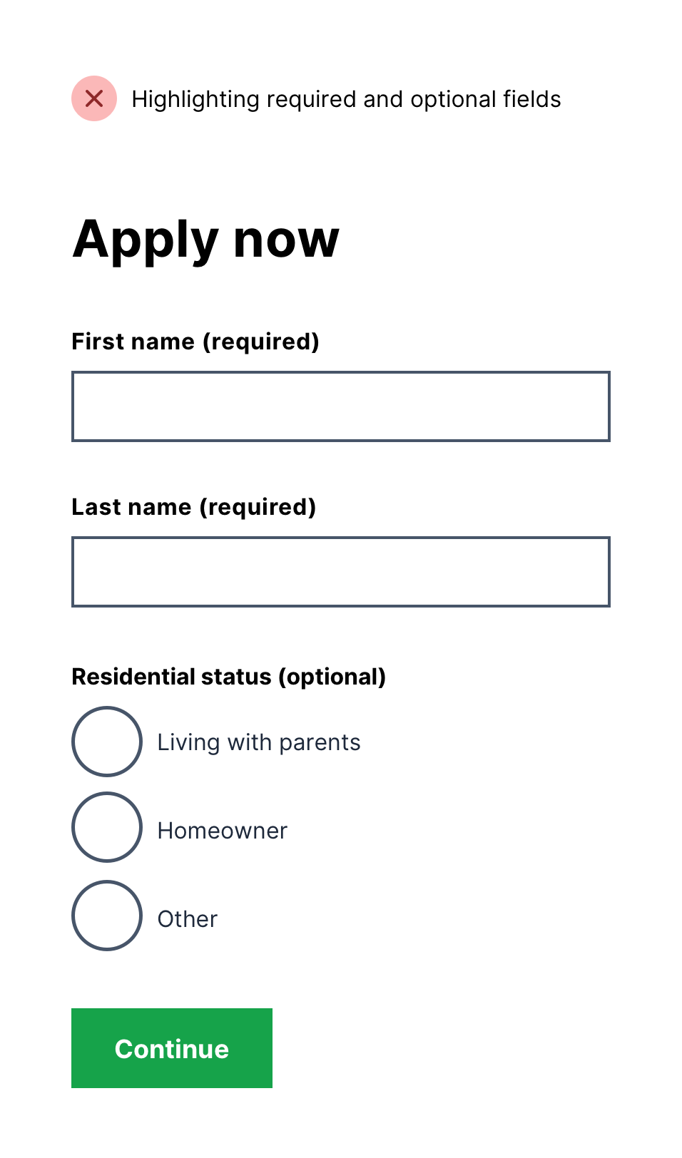 Form with higlighted required and optional fields