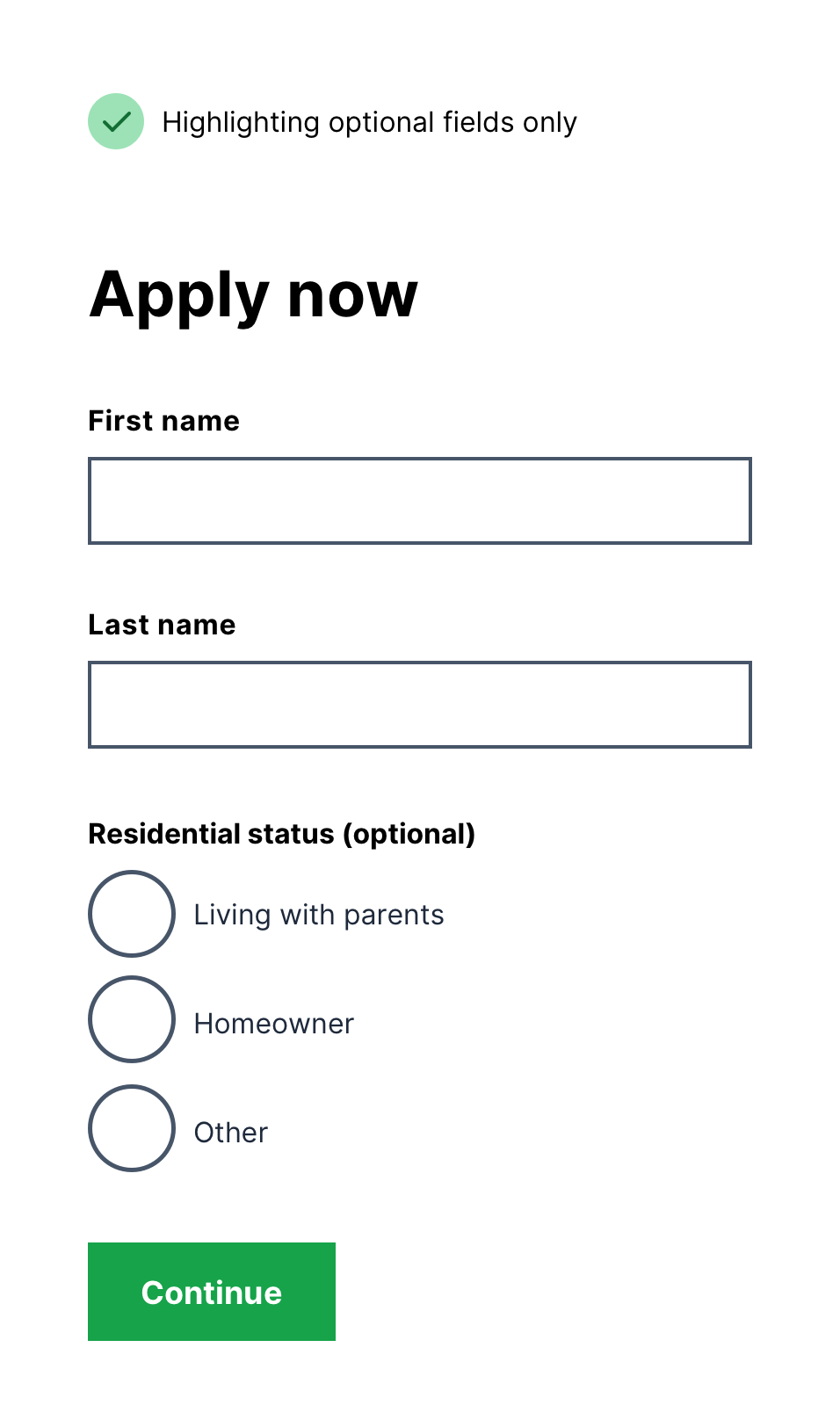 Form with just optional fields highlighted