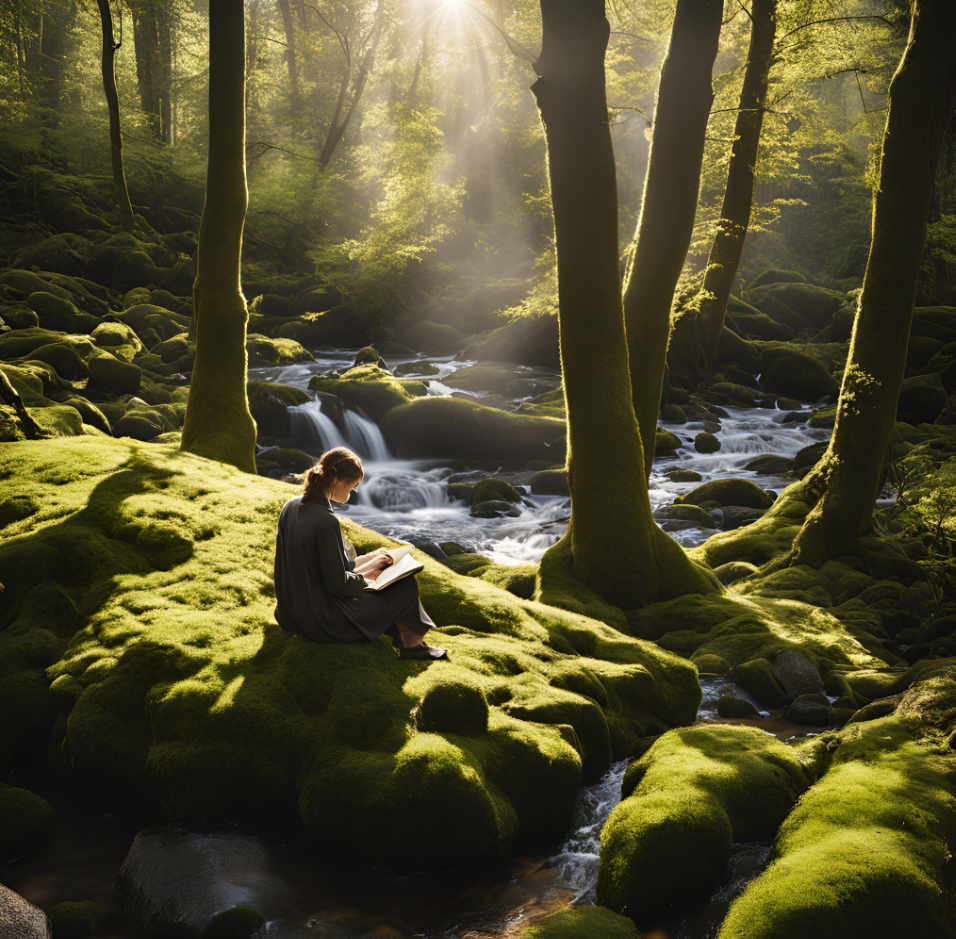 An image of a girl reading a book amidst nature’s beauty generated by ‘Canva’