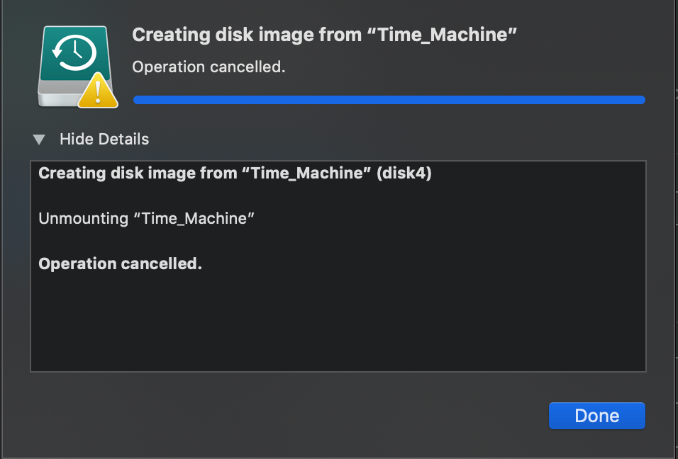 Operation cancelled message from Time Machine