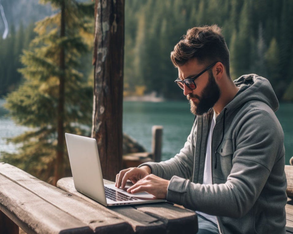 Man sitting at a picnic table at a remote campsite be a lake working on his laptop with no worries about not having power to charge the laptop when needed.