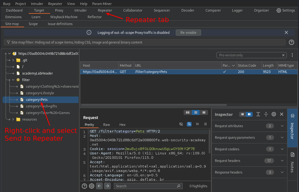 Screenshot of Burpsuite, showing our request highlighted in the site map and arrow pointing to the location of the Repeater tab.