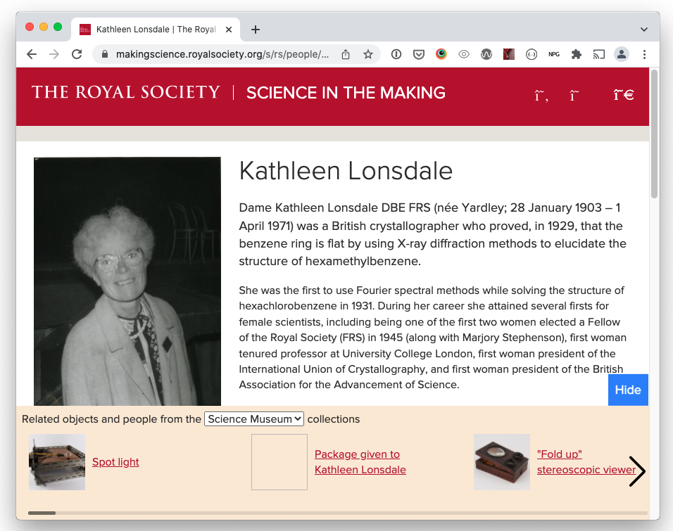 Screenshot of page from Royal Society website, with additional links to items from the Science Museum.