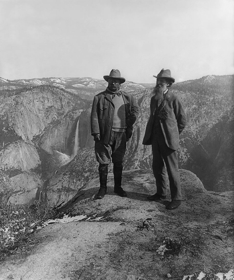 U.S. President Theodore Roosevelt (left) and nature preservationist John Muir, founder of the Sierra Club, on Glacier Point i