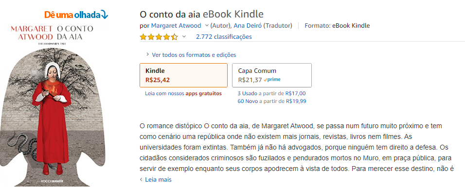 Página de venda da Amazon mostrando o livro “O Conto da Aia”, de Margaret Atwood. Ebook: R$ 25,42; Impresso: R$ 21,37.