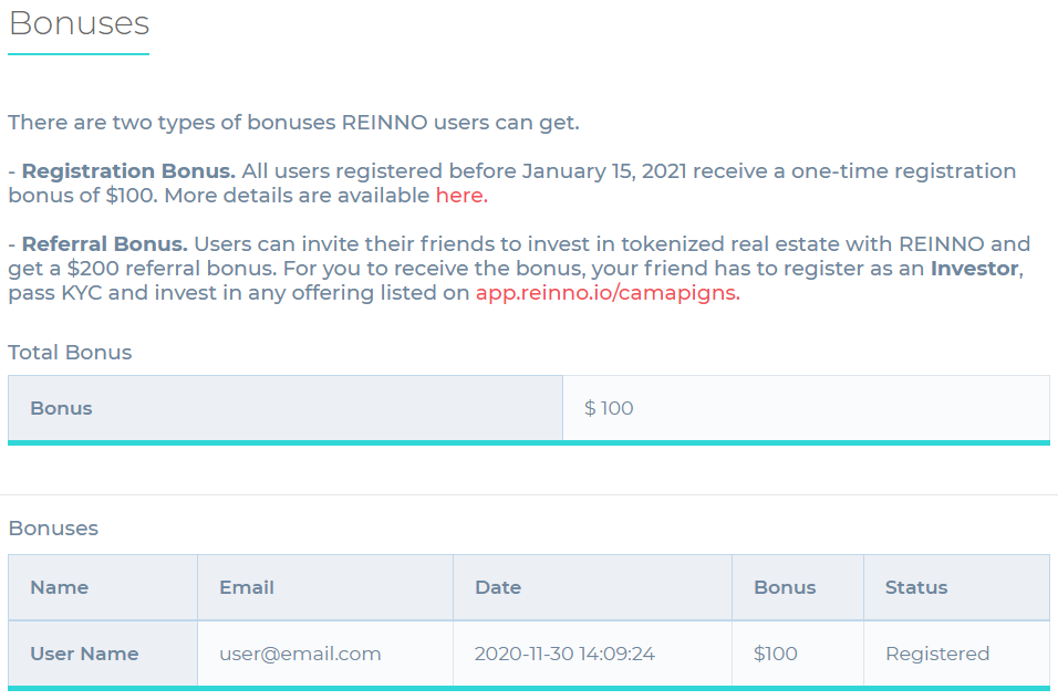 The Bonuses tab of the REINNO platform
