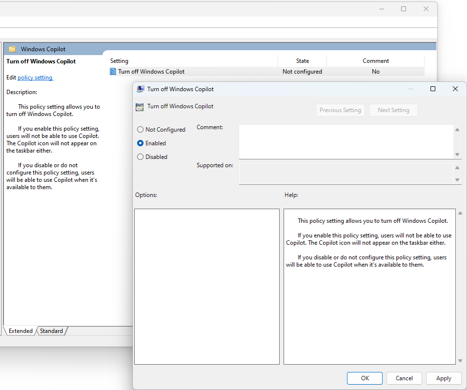 A screenshot from a Group policy console showing how to turn off Windows Copilot.