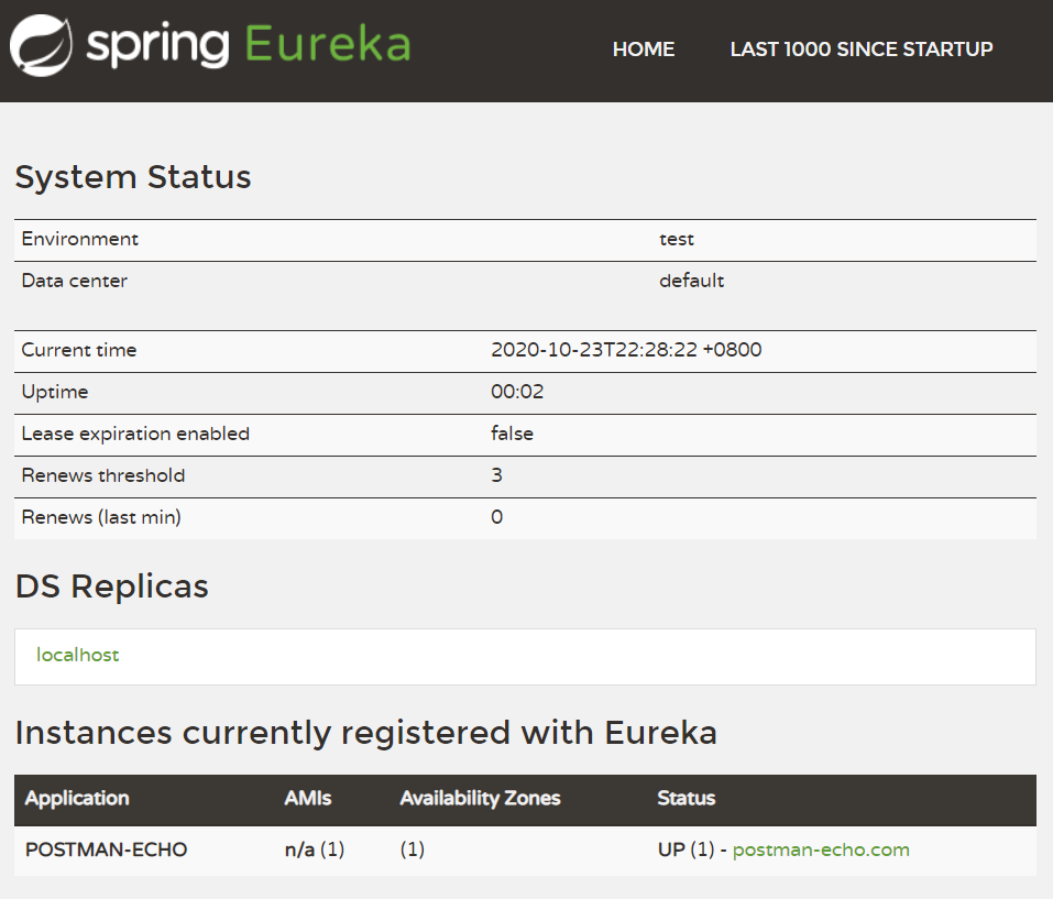 Screenshot of the Eureka dashboard showing that the Postman Echo instance is registered.