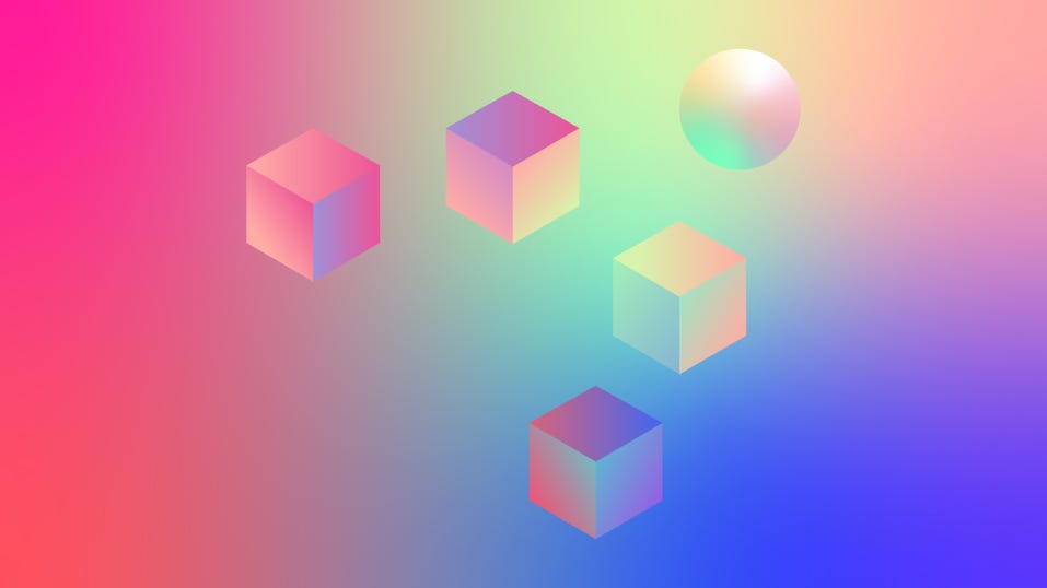 An abstract image with a pink, green, blue, and orange gradient background and five 3D-looking objects: a sphere leading the way at the upper right corner, with a flank of four cubes following in an arrow formation indicating a directional shift upwards.