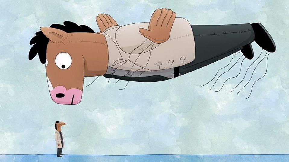 Cena do seriado Bojack Horseman: Bojack olha para uma réplica enorme de si mesmo em forma de balão, que está deitado flutuando sobre ele e o encara.