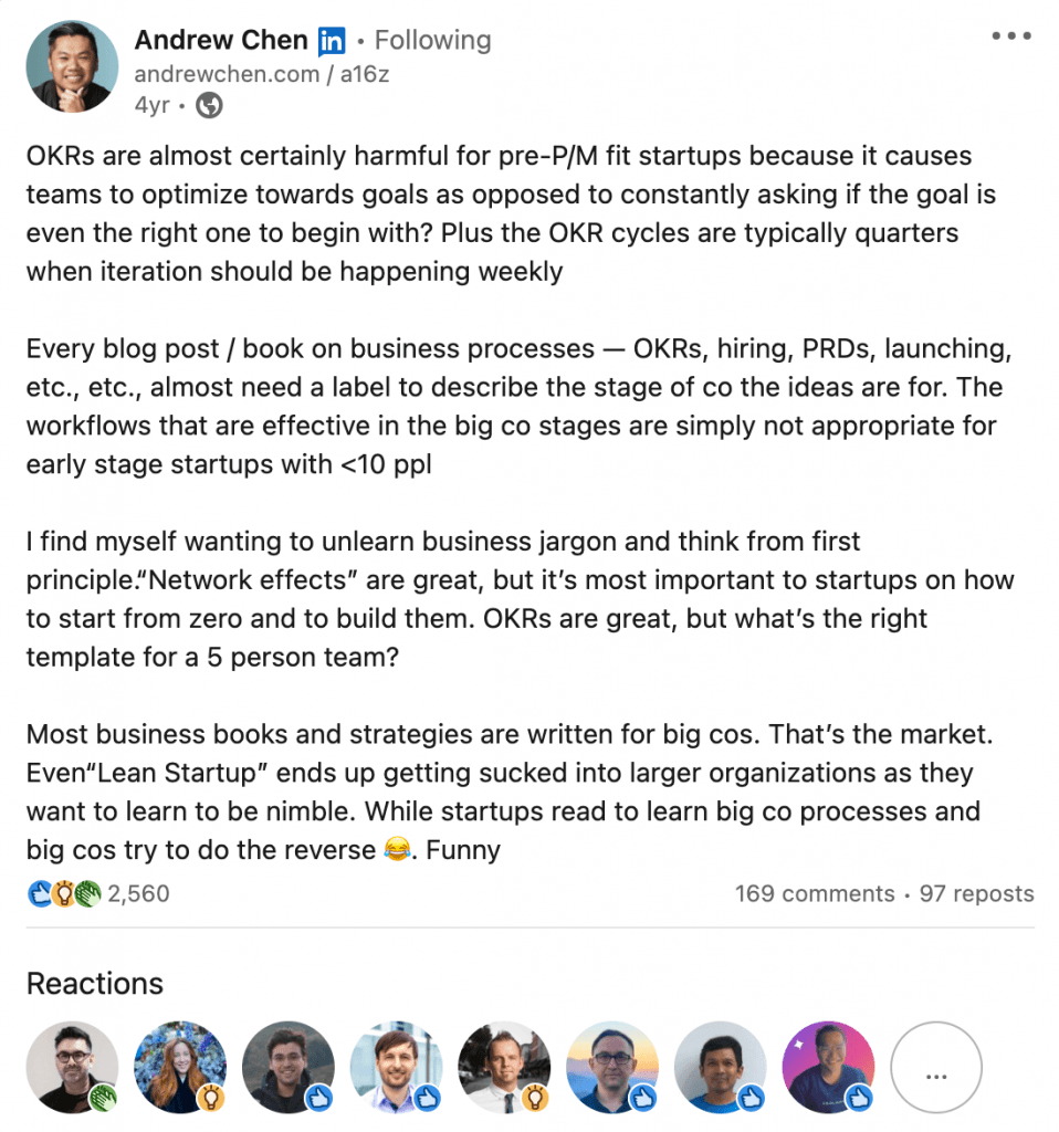 Andrew Chen’s LinkedIn post on when not to implement OKRs
