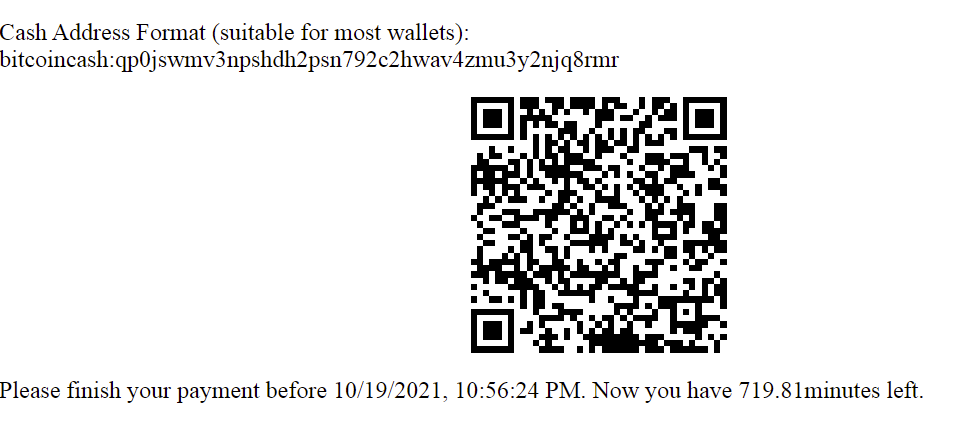 a QR code to scan to send the funds, also the corresponding address for the BCH network that will proceed with the swap into SEP20 (SmartBCH)