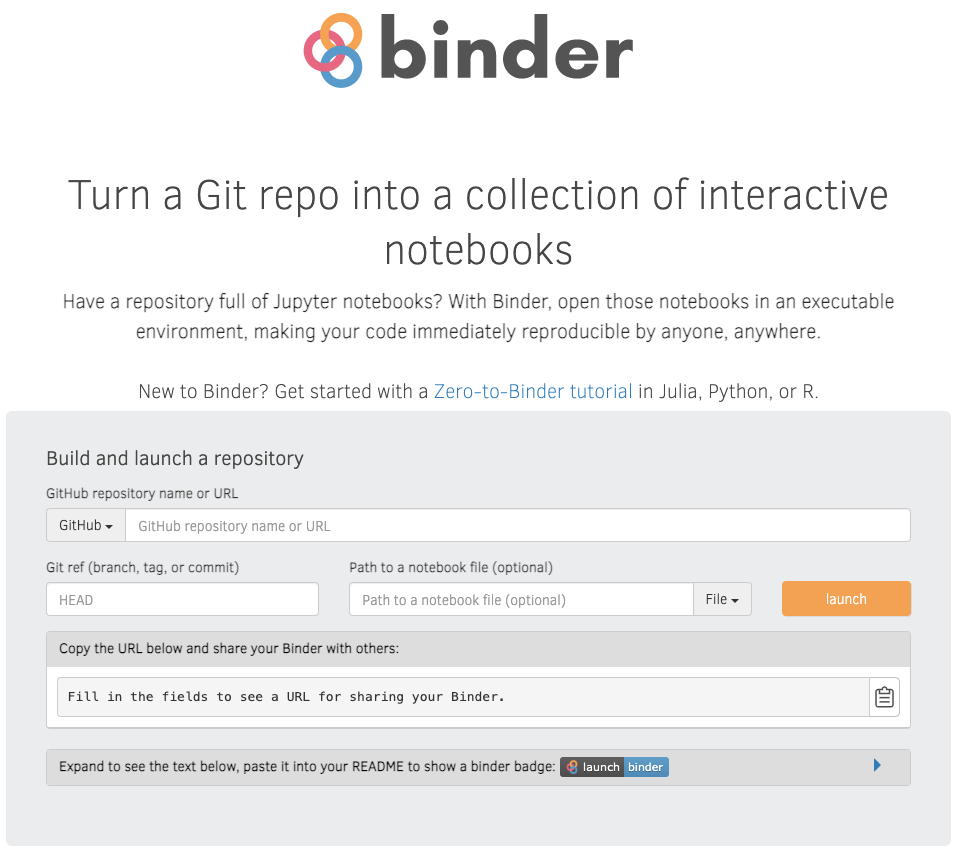 mybinder.org webpage. Turn a Git repo into a collection of interactive notebooks. Grey options box with text boxes for repo details. Orange launch button.