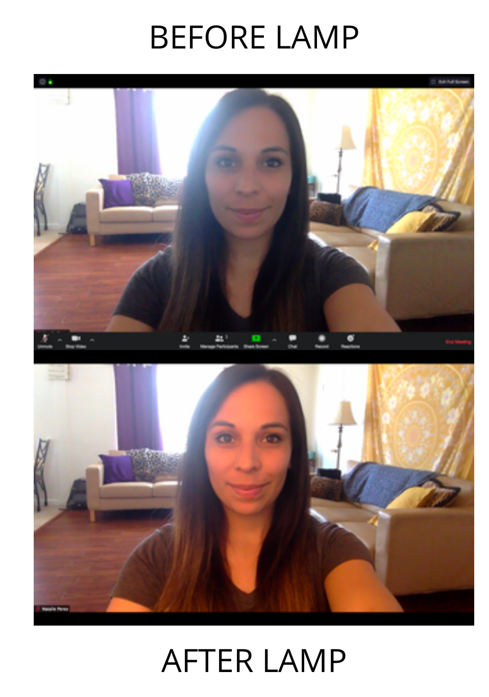 Before and after shot of Natalie’s recorded image without a lamp and with a lamp.