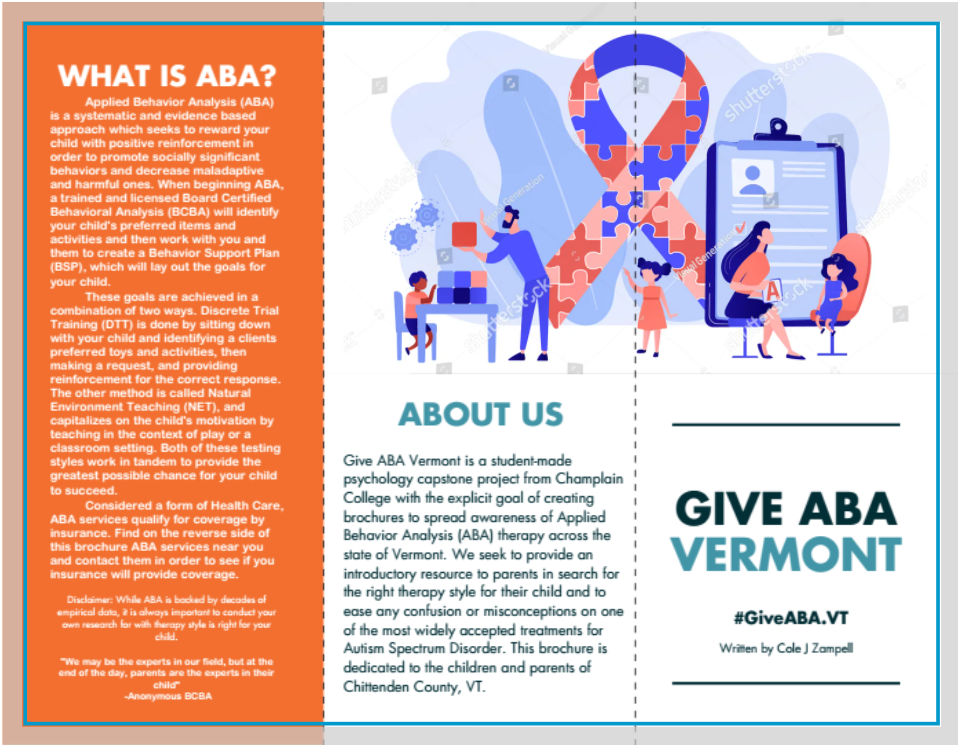 “Give ABA Vermont” brochure for Chittenden County (Front) by Cole J Zampell