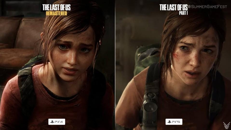 A graphical comparison between the Last of Us remake (right) and the Last of Us Remastered (left)