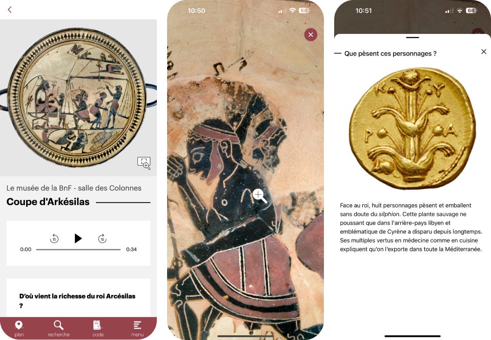 Three screenshots from the BnF application showcase ancient artifacts: a ceramic named ‘Coupe d’Arkésilas’, a fragment of pottery depicting a human figure and a gold coin adorned with plants, with written descriptions and audio options.
