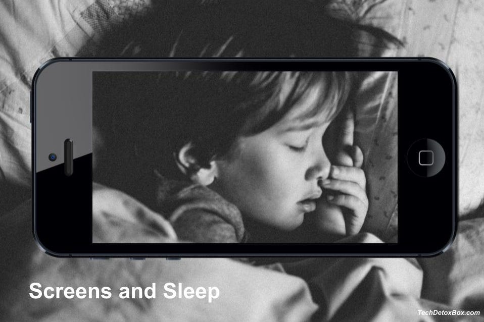 child sleeping within smartphone frame Screens and Sleep techdetoxbox.com