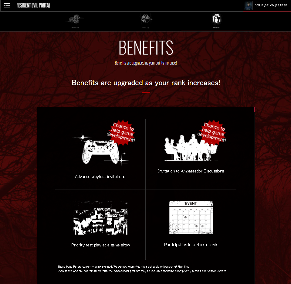 A screenshot that contains the benefits that you get once you become a Resident Evil Ambassador. This stimulates the feeling of belonging making it more exciting for the users to join the club.