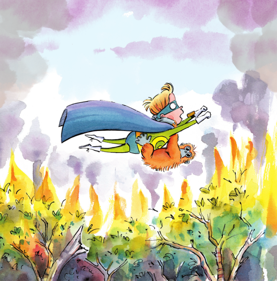 Captain Green flies through the air above a burning forest, with an orangutan holding onto him for safety.