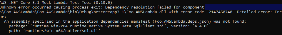Aws mock lambda test tool system data sql client error