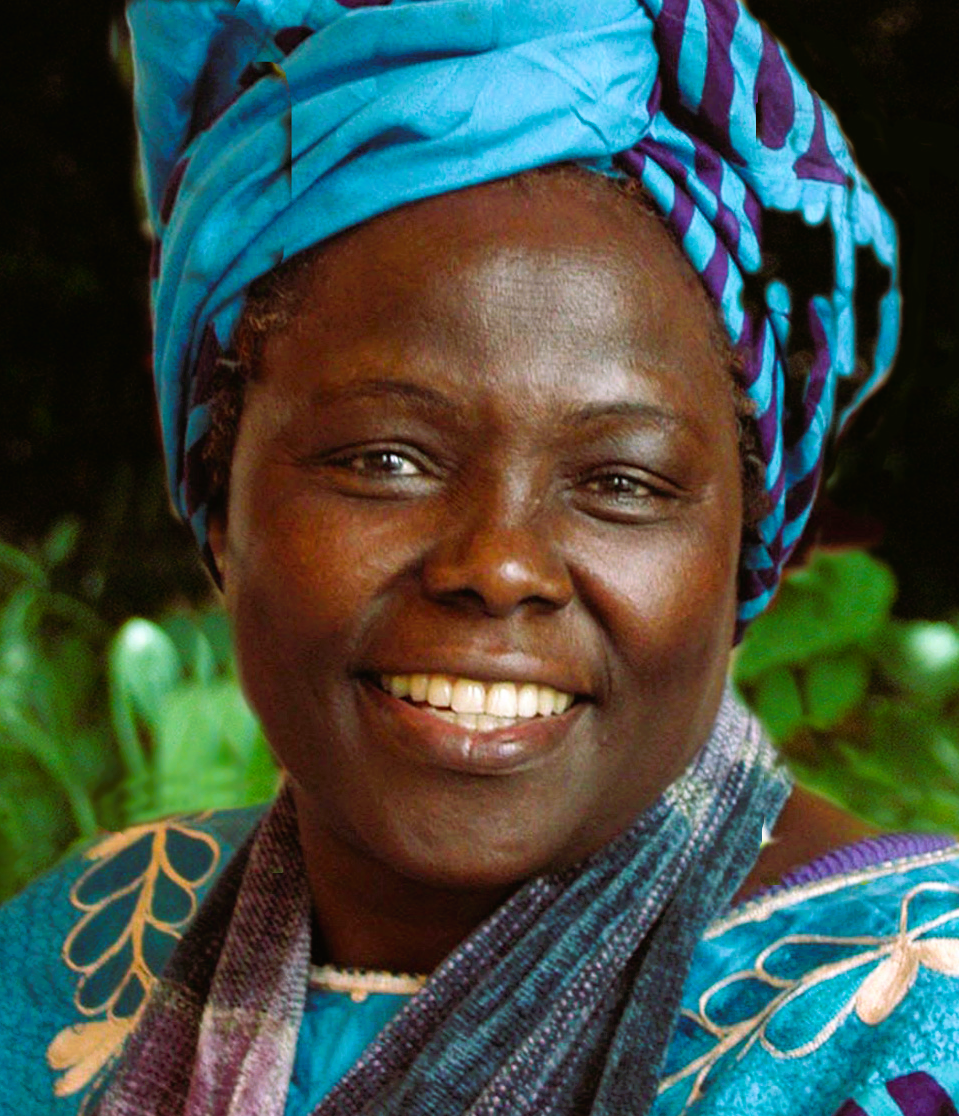 Wangari Maathai wearing blue kitenge smiling;close capture, wide angle lens