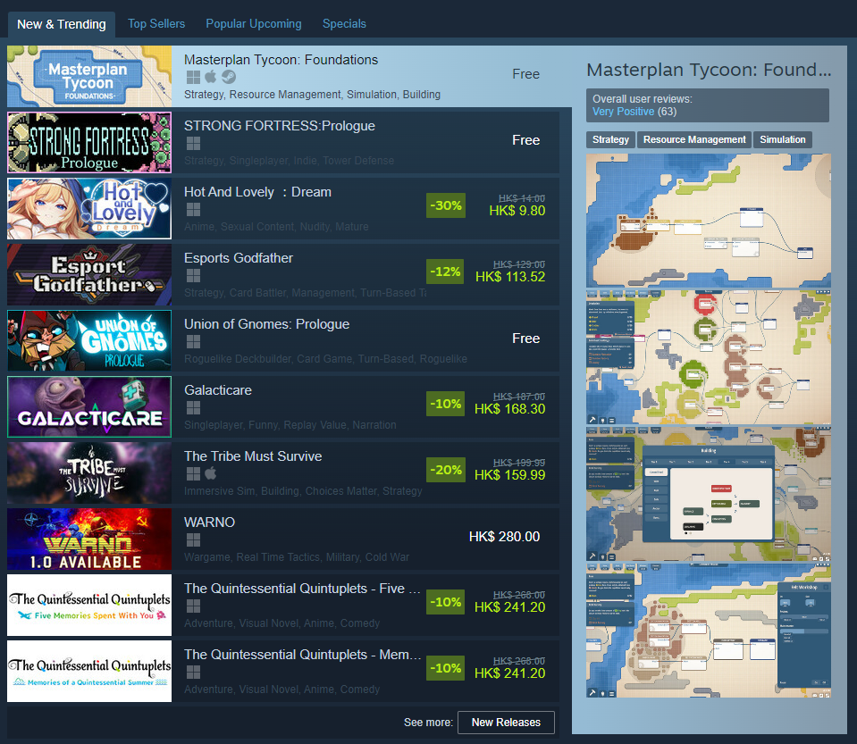The tab section in the front page of Steam.