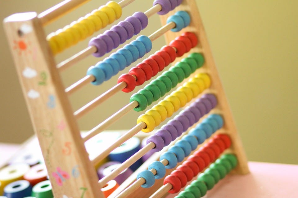 A picture of an abacus, also called a counting frame, which is a calculating tool with beads.