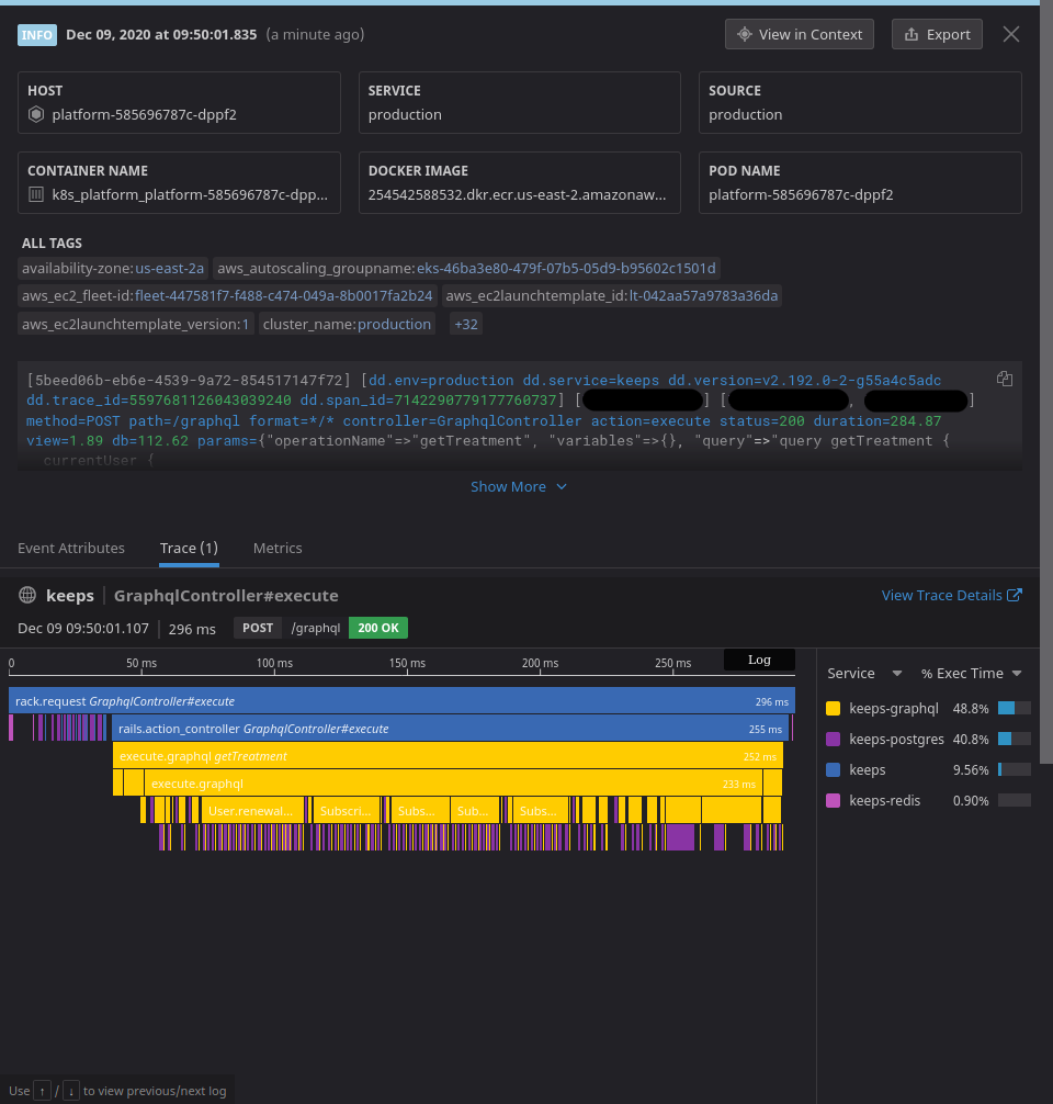 A Datadog log showing the flamegraph associated with the request. We can also click on “Metrics” to see what information abou