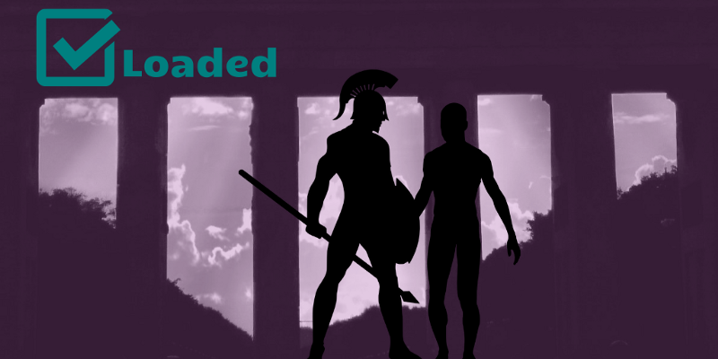 Silhouettes of warriors against ancient columns. In the corner, a checkbox with the word “Loaded”.