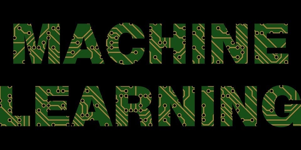 A graphics with black background and machine learning written with green color and electronic circuit design on it.