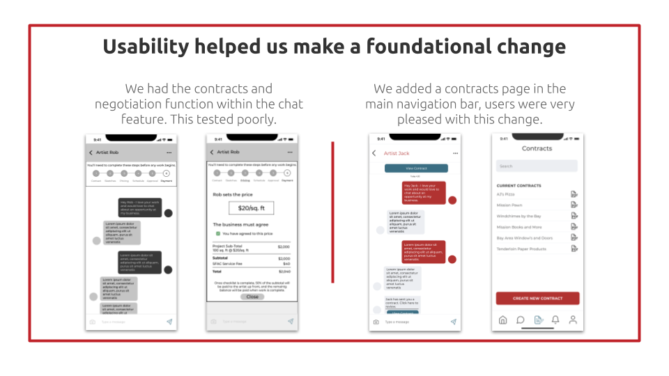 Side by side comparison of wireframes and hi-fidelity screens