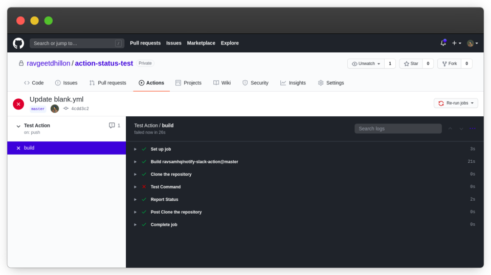 Failed Github Actions run