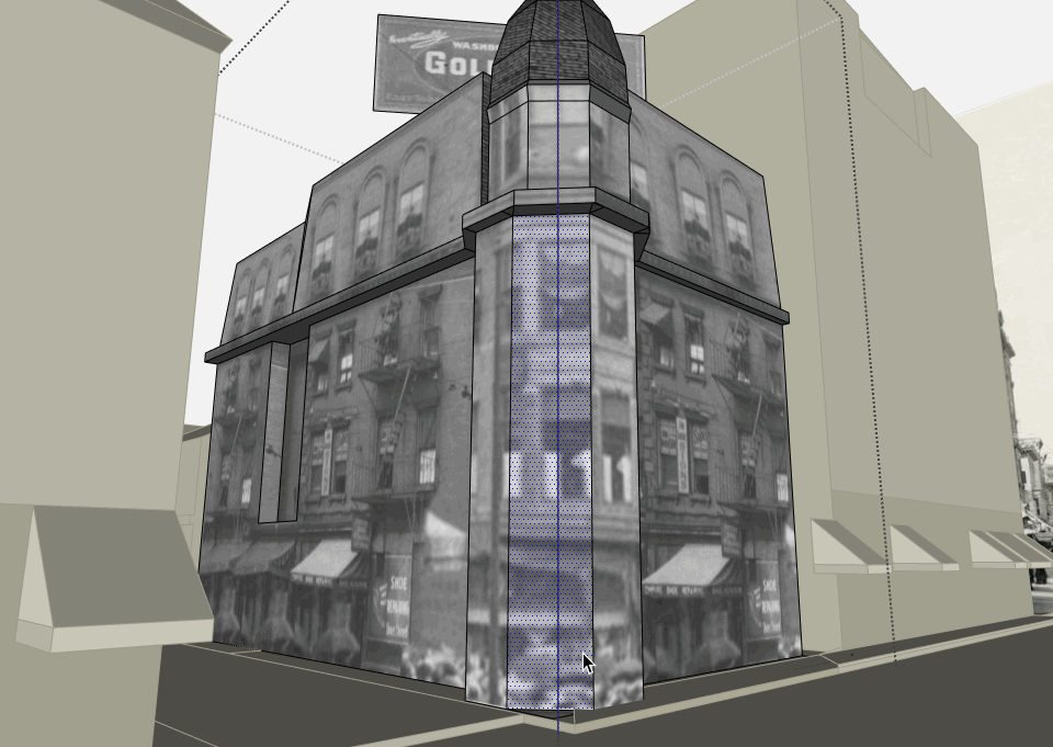A gif of using SketchUp to apply a facade from an old photograph onto a rough, grey 3D model of a building on the corner of Chinatown.