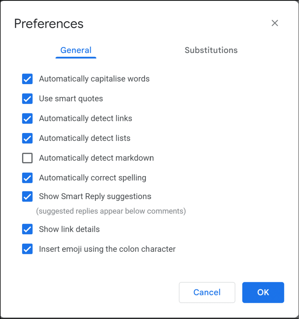 AutoFormat in Google is Preferences and General