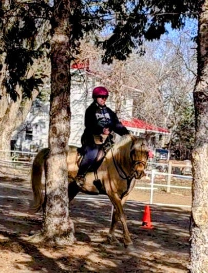 Author is riding her palomino horse through the trees.