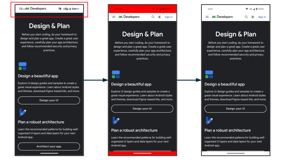 Three app screenshots showing WebView layout issues and fixes.