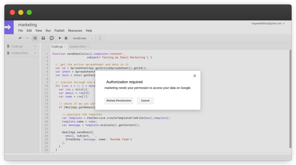 Setup the Google Apps Script Authorization