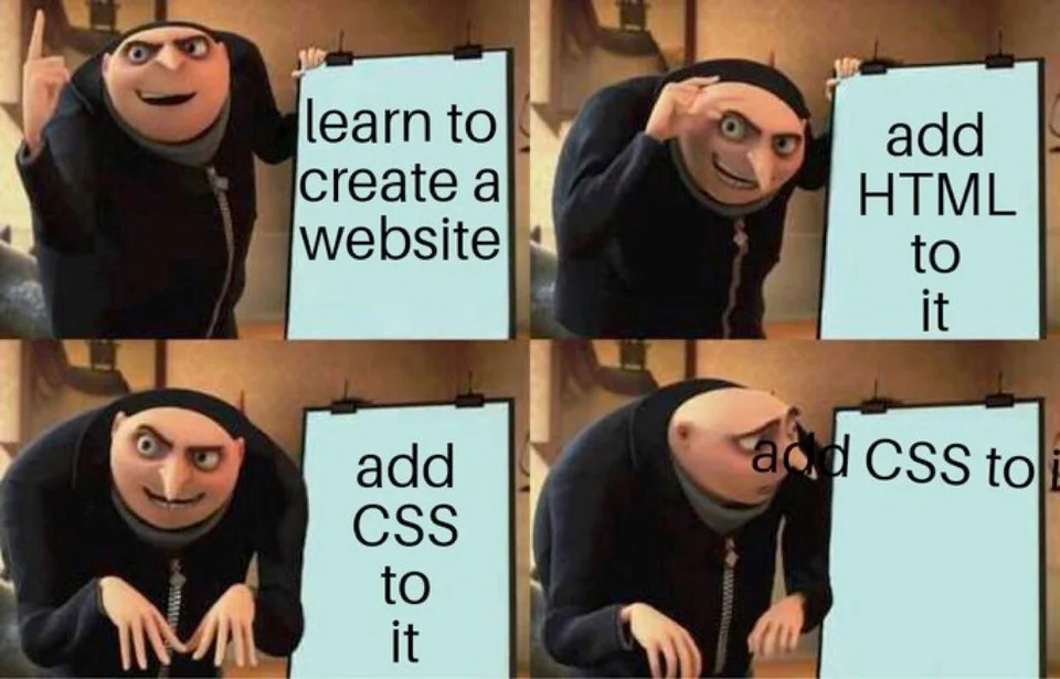 A meme that pokes fun at how easy it is is to learn HTML and create websites but CSS does not always do what you want.