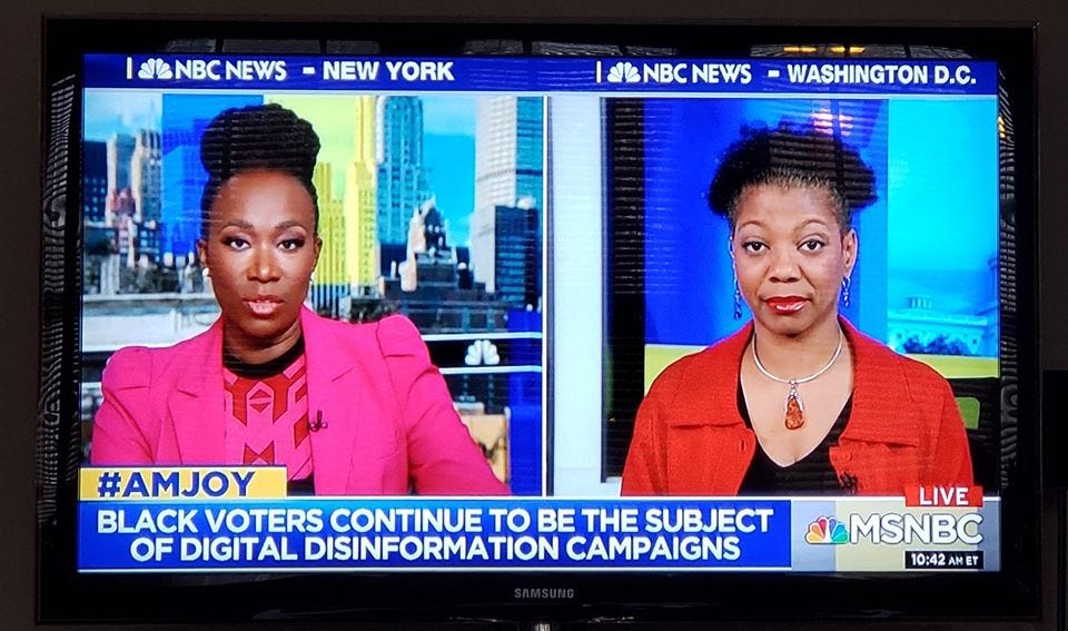 Pictures of Joy Reid and Shireen Mitchell, with a chyron on the bottom saying "#AMJOY: Black Voters continue to be the target of digital disinformation campaigns" and the MSNBC logo