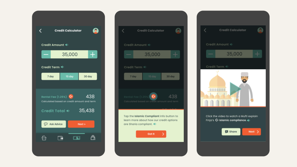 Three screen mockups showing a credit calculator, a popup about Islamic compliance, and a video explaining how Islamic compliance works.