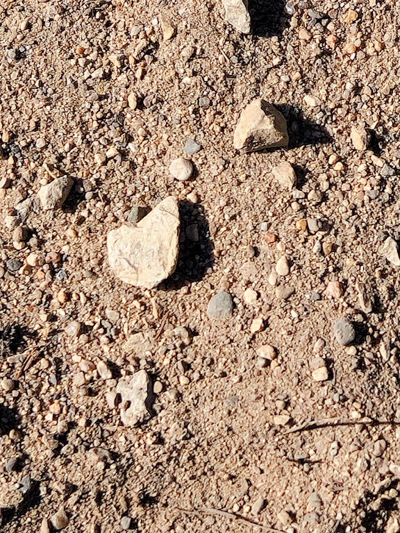 A photo of a rock heart and possibly a horse head rock.
