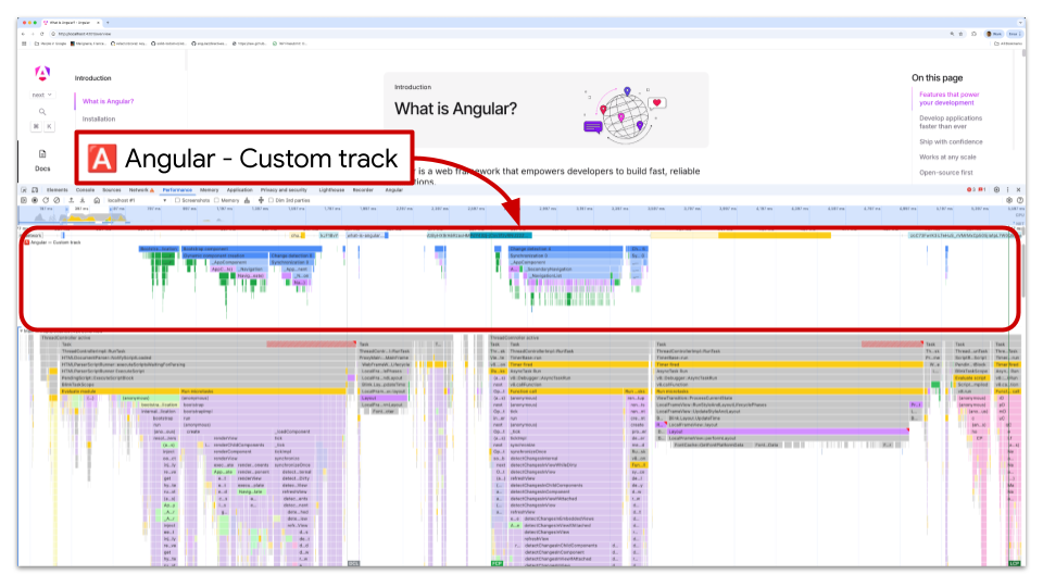 A screenshot of the Google Chrome DevTools open over the Angular documentation website. A red box and arrow highlight the “Performance” tab, specifically pointing out a custom flame chart labeled “Angular — Custom track,” which visualizes Angular-specific runtime performance data.
