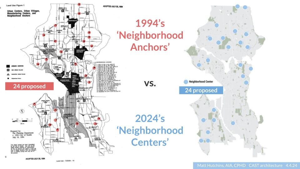 A comparison of the 1994 plan and the 2024 plan shows many of the same places are earmarked as neighborhood centers, yet the zoning hasn’t evolved in decades. Map by Matt Hutchins