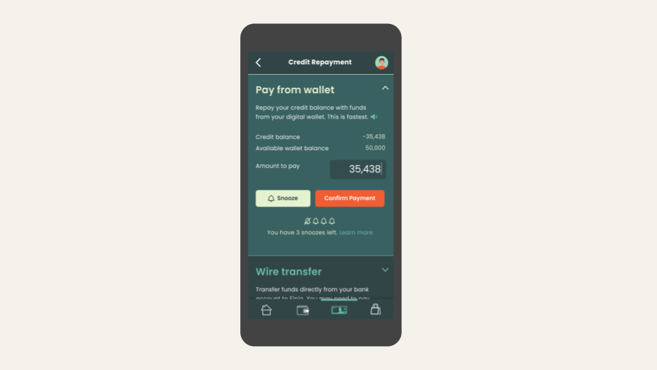 A screen showing how retailers can repay their credit loans digitally from a wallet.