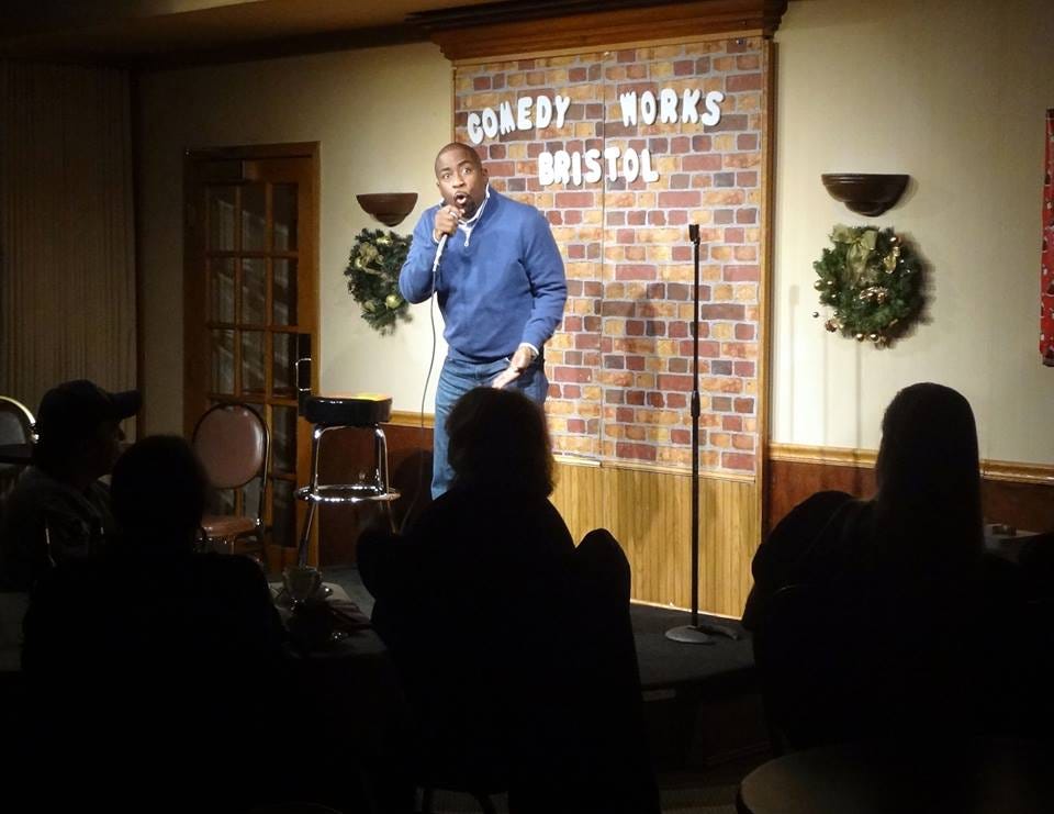 PHOTO COURTESY OF MIKE KAPLAN / Keith Robinson performs at the Comedy Works in Bristol at Georgine's Restaurant. The comedian is one of many who regularly taking the stage during comedy shows held there every weekend.